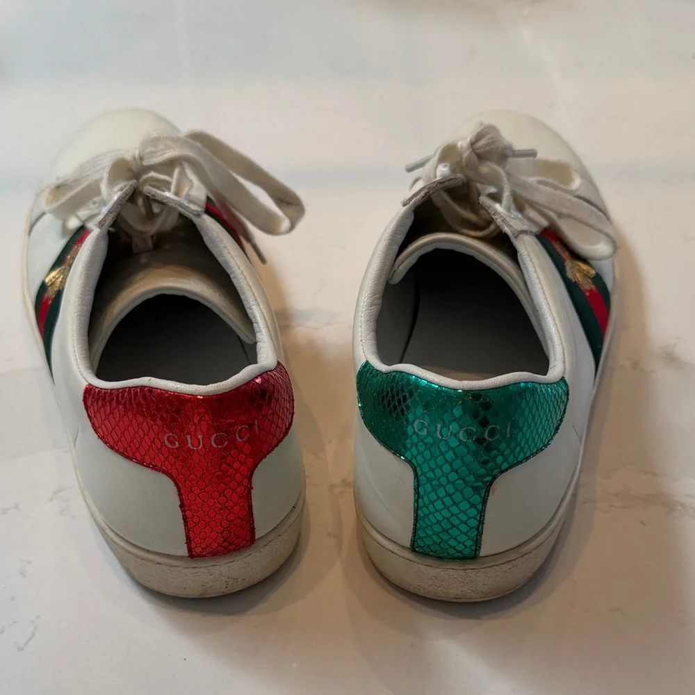 Gucci Ace Bee White Leather Sneakers with Red & Green Stripe Bee Accent